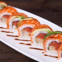 Normandie Roll · Shrimp tempura, Spicy Tuna: inside/ Salmon, Avocado: outside