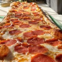 Pepperoni Pizza 3Ft · home made organic pizza sauce, pepperoni + mozzarella on our artisan, hand pulled, neapolita...