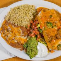 Burrito · Your choice of meat with pico de gallo, cheese, and topped with guacamole and sour cream. Ad...