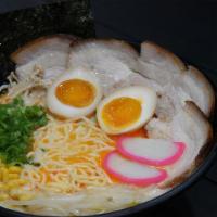 Miso Ramen · Chashu pork, komaboko, corn, green onions, egg, seaweed, and bean sprout.
