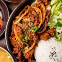 Spicy Pork Bulgogi (매운 돼지불고기) · Spicy and sweet marinated pork bulgogi served with house salad, rice, soup.