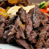 Beefsteak Plate · Persian style beef gyro, fresh veggies, creamy tzatziki sauce, and peta cheese are nestled i...