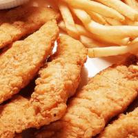 Chicken Tender · Fried chicken tender with french fries on the side.
5 pieces of large tenders.