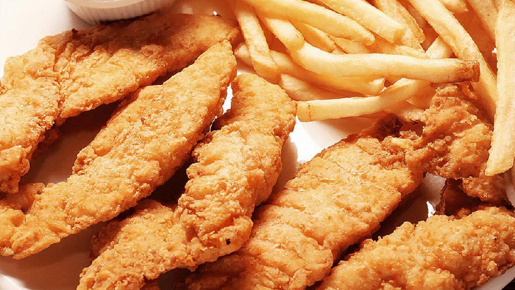 Chicken Tender · Fried chicken tender with french fries on the side.
5 pieces of large tenders.