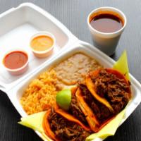 Soft Taco Combo · 4 soft tacos, rice, beans, and small consome.