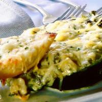 Poblano Chili · stuffed with fresh spinach, artichoke hearts, shallots, cream, & parmesan cheese, cream chee...
