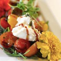 Organic Heirloom Tomato · creamy burrata mozzarella, basil pesto, balsamic reduction, kalamata olives, arugula, micro ...