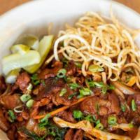 Spicy Pork · Grilled, gochujang-marinated pork. Served with stir-fried kimchi, bean sprouts, leeks, and o...