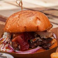 Bourbon Bbq Burger · Choice of 2 Certified Angus Beef Patties or House Made Vegan Patty, Garlic Herbed Portuguese...