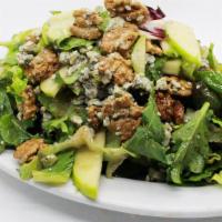 Gorgonzola Salad · Leafy romaine, spring mix, House Made Candied Walnuts, red onion, cucumbers, and fresh gorgo...
