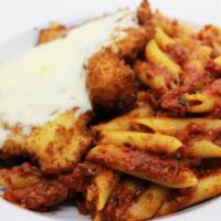 Chicken Parmesan · Breaded chicken breast served with linguini or penne in a traditional red sauce.