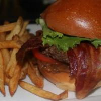 French Burger · Pure beef patty, brioche bun, onion marmalade, Dijon mustard, bacon, tomato, lettuce, choice...