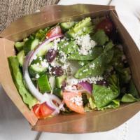 Greek Salad (Entree) · Gluten free. Romaine lettuce, red onion, English cucumber, roma tomato, kalamata olives, fet...