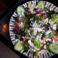Greek Salad (Small) · Gluten free. Romaine lettuce, red onion, English cucumber, roma tomato, kalamata olives, fet...
