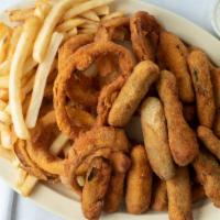 Sampler Platter · platter with  1/3 portion fries, 1/3 portion zuchinis and 1/3 portion of onion rings