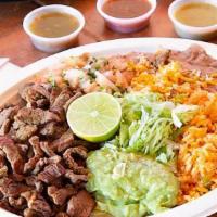 Carne Asada Plate · rice and beans on the side. choice of tortillas