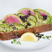 Cucumber Radish Avocado Toast · Multigrain Bread Toasted with Butter, Avocado, Chili Onion Flake, 3 Seed Mix, Watermelon Rad...