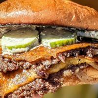 Fried-Cheese Burger · crispy jack & cheddar | grilled onions | good pickles | house-made burger sauce
