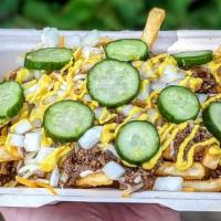 Tommy'S Party Fries · house made chili  | cheese | mustard | onions | house made pickles