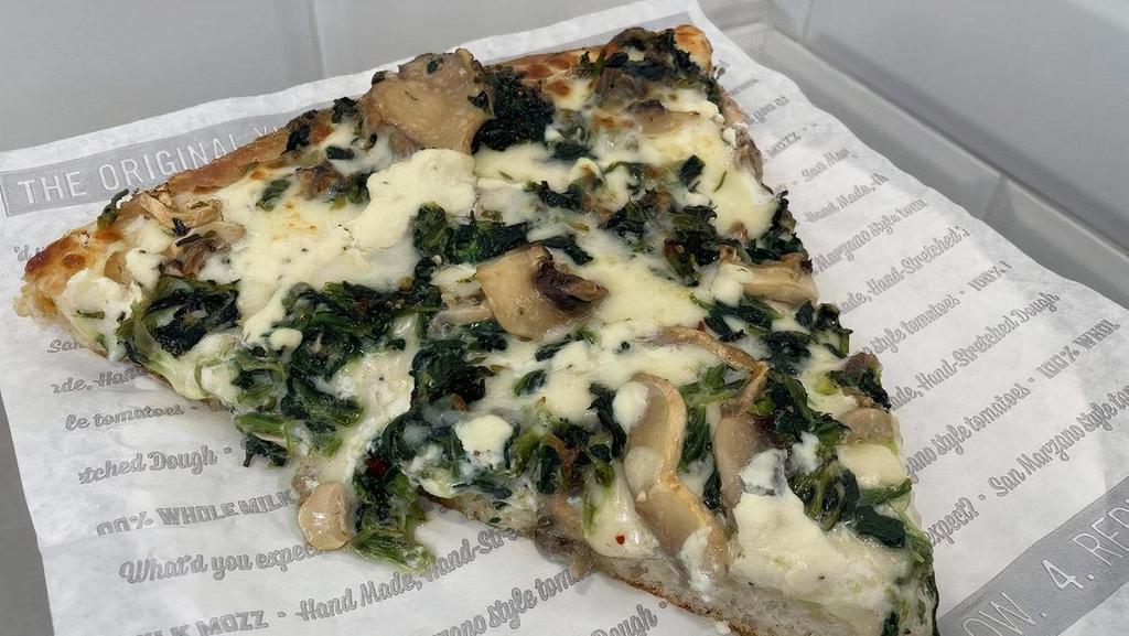 Pan Spinach And Mushroom Slice · Thick, hand-stretched dough, pan baked, topped with hand-crushed Roman sauce, freshly shredded 100% whole milk mozzarella, spinach, and mushrooms. Made fresh daily..