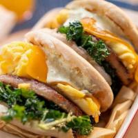 Stud Muffins Breakfast Sandwiches (2) · 2 english muffins with egg, cheddar, sausage patty, kale, jalapeno lime aioli