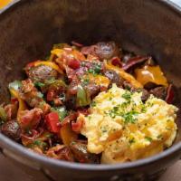 Bacon Hash Bowl · nitrate free bacon, peppers, onions, russet potato, cheddar, fried egg