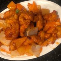 Sweet & Sour Chicken · Gluten-free. Tender chunks of deep-fried chicken with bell pepper, onion, and pineapple in a...
