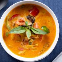 Duck Curry · Roasted Duck, coconut milk, tomato, pineapple, bell pepper and sweet Thai basil in red curry...