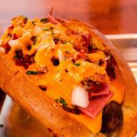 Meaty Dogs · Pastrami, bacon bits, diced onions, Dijon mustard, DC sauce, melted cheddar cheese.