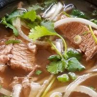 Brisket Pho Broth · 72 Hours Bone Broth Served with 8 Hours Slow-Cooked Angus Briskets, Gluten-Free Rice Noodles...