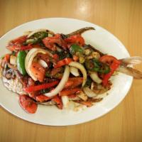 Stir Fry Pompano Fish · Deep-fry pompano fish, bell pepper, tomato, basil with Mama's signature sauce.