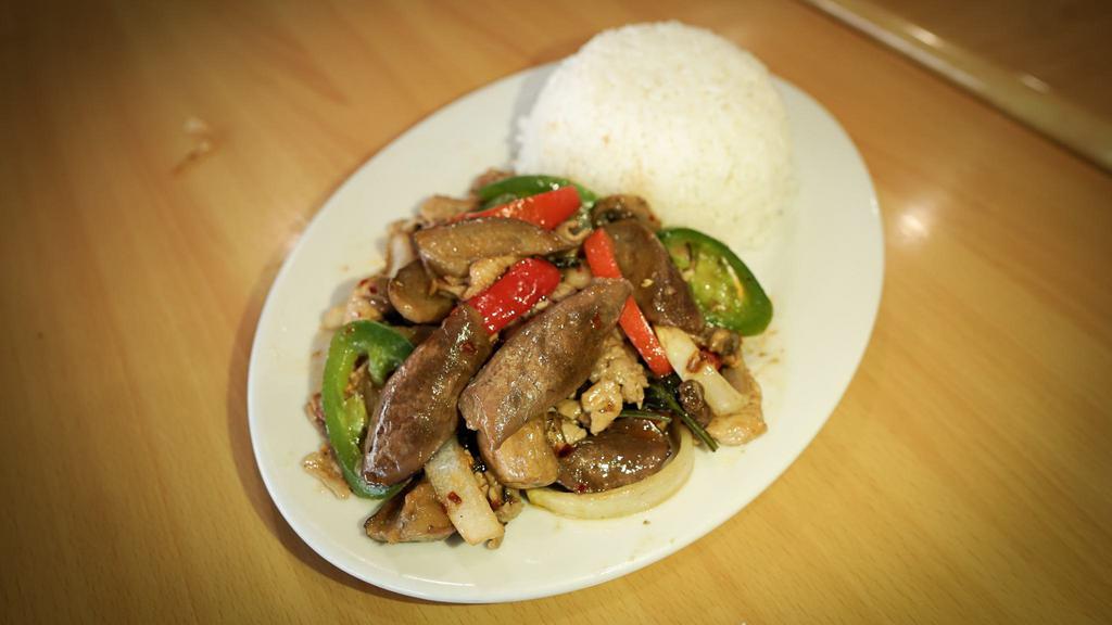 Spicy  Eggplant · Sliced pork pan-fried w/ eggplant, bell pepper, onions, Thai basil & spices.