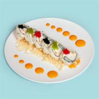 Lobster Tail Roll · IN: lobster, krab, avocado, cucumber
TOP: tempura crunch powder, spicy mayo, tobiko trio