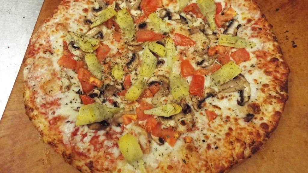 Perfect Game · Vegetarian pizzas. Mozzarella cheese, fresh garlic, basil, mushroom, tomato, and artichoke heart.