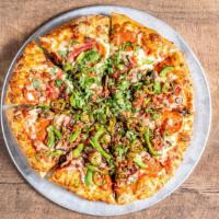 Jessica'S Special Pizza · Mozzarella cheese, pepperoni, Canadian bacon, bacon bits, mushrooms, jalapenos, cilantro.