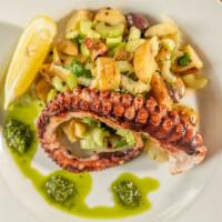 Polipo · charred octopus, kalamata, fingerling potatoes, celery, lemon, salsa verde