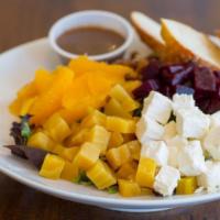 Beet Salad · Spring greens, roasted beets, orange, candied walnuts, and feta cheese, served with balsamic...