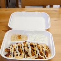 Chicken Shawarma Plate · Tender strips of chicken, special sauce, rice with veggies, special sauce, onion, cilantro, ...