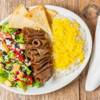 Lamb & Beef Gyro Plate · Greek style, fresh tomatoes, side of lettuce with basmati rice, pita, tzatziki