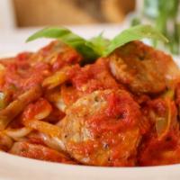Spaghetti & Sausage · Italian sausage, bell peppers, onions, and marinara sauce.