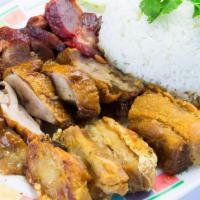 Cha Po · Combination of BBQ pork, roasted duck, and deep fried roasted pork over rice.