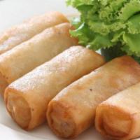 Egg Rolls · Deep-fried egg rolls stuffed with ground pork, carrots, bean thread noodles, onion, and blac...