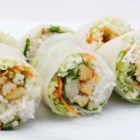 #8. Chicken Satay Hand Rolls · Grilled chicken satay strips, cucumber, cilantro, basil and rice vermicelli noodles wrapped ...