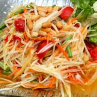 #20. Papaya Salad · Shredded green papaya, green beans, tomatoes, peanuts, dried shrimp, lime juice and chili fl...