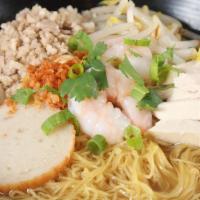 #34. House Noodles · Shrimp, chicken, ground pork, fish ball, fish cakes with bean sprouts, green onions and cila...