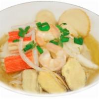 #53. Seafood Pho · Shrimp, squid, mussels, imitation crab meat, fish cake, fish ball, onions, green onions, cil...