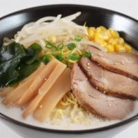 Tonkotsu Ramen · Pork slices, bamboo, bean sprouts, seaweed, green onions, corn, sesame seeds, and ramen nood...