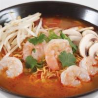 Shrimp Tom Yum Ramen · Shrimp, cilantro, green onions, bean sprouts, mushrooms, spicy tom yum broth, and ramen nood...