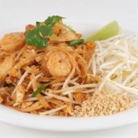 #75. Pad Thai · Chicken and shrimp with rice stick noodles, eggs, bean sprouts, tofu and crushed peanuts.