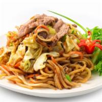 Yakisoba · Choice of protein, yakisoba noodles, cabbage, carrots, onions, mushrooms, bean sprouts, sesa...